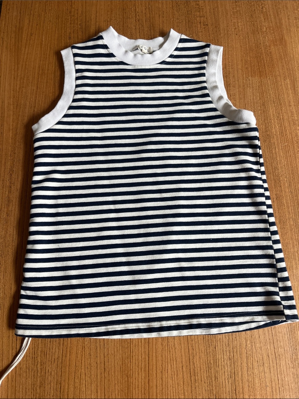 POL Striped Sleeveless Knit Top Side Ruched Drawstring- Navy and White- Sz S